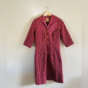 Vintage Jacquard Red & Purple Print Button Front Dress